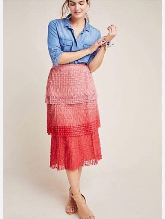 Anthropologie Dresses & Skirts - Anthropologie Maeve Brighton Tiered Midi Skirt in a red and pink ombré